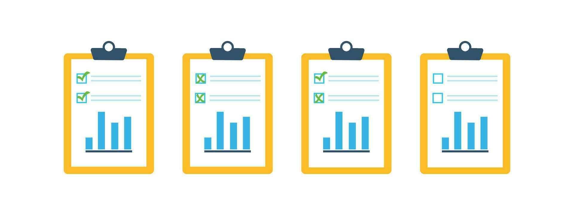 Set of document icons with graph marked with a tick and crosses vector