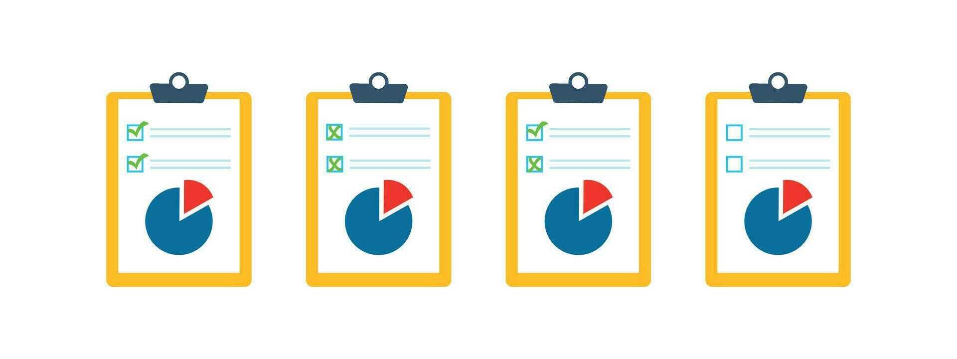 Set of document icons with a pie chart, a graph marked with a green check mark and crosses vector