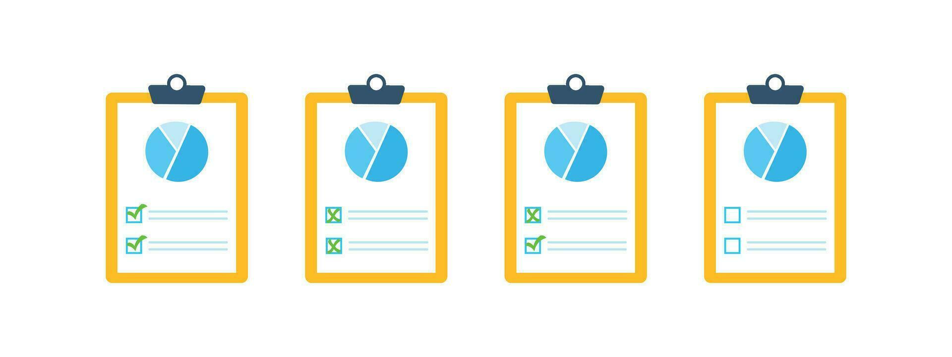 Set of document icons with pie chart, graph ticked and crosses vector