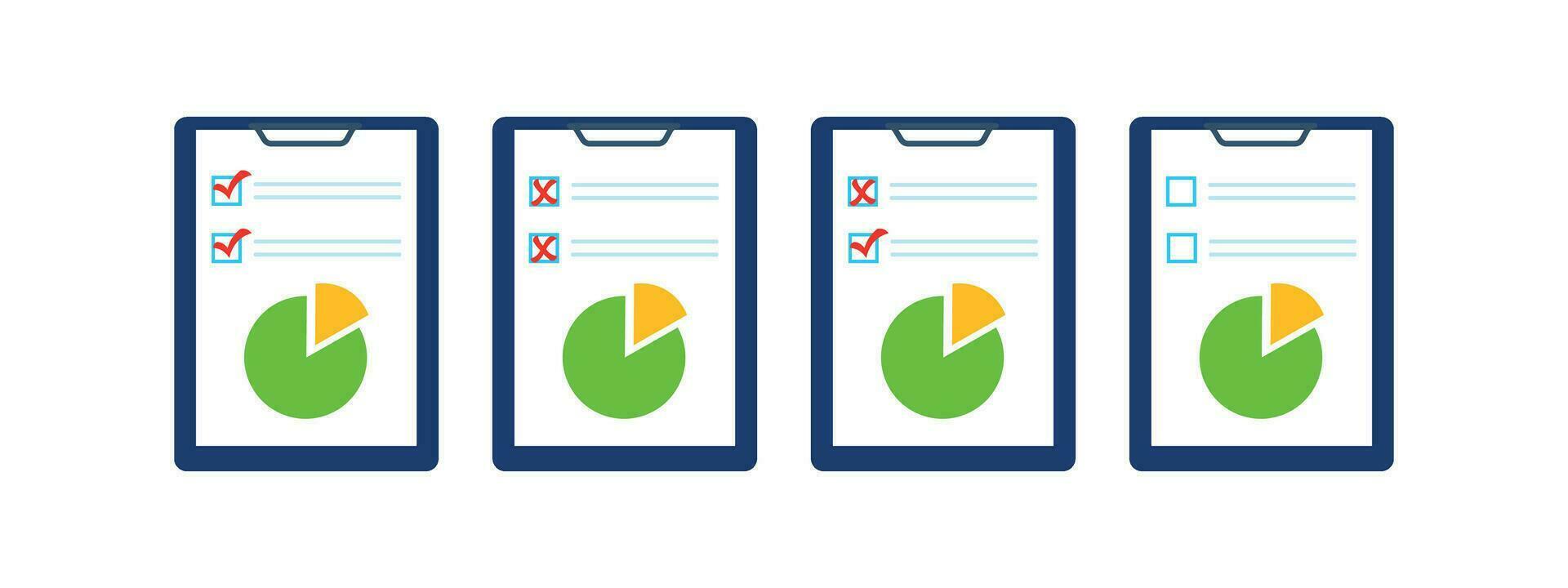 Set of document icons with a pie chart, graph marked with a red check mark and crosses vector