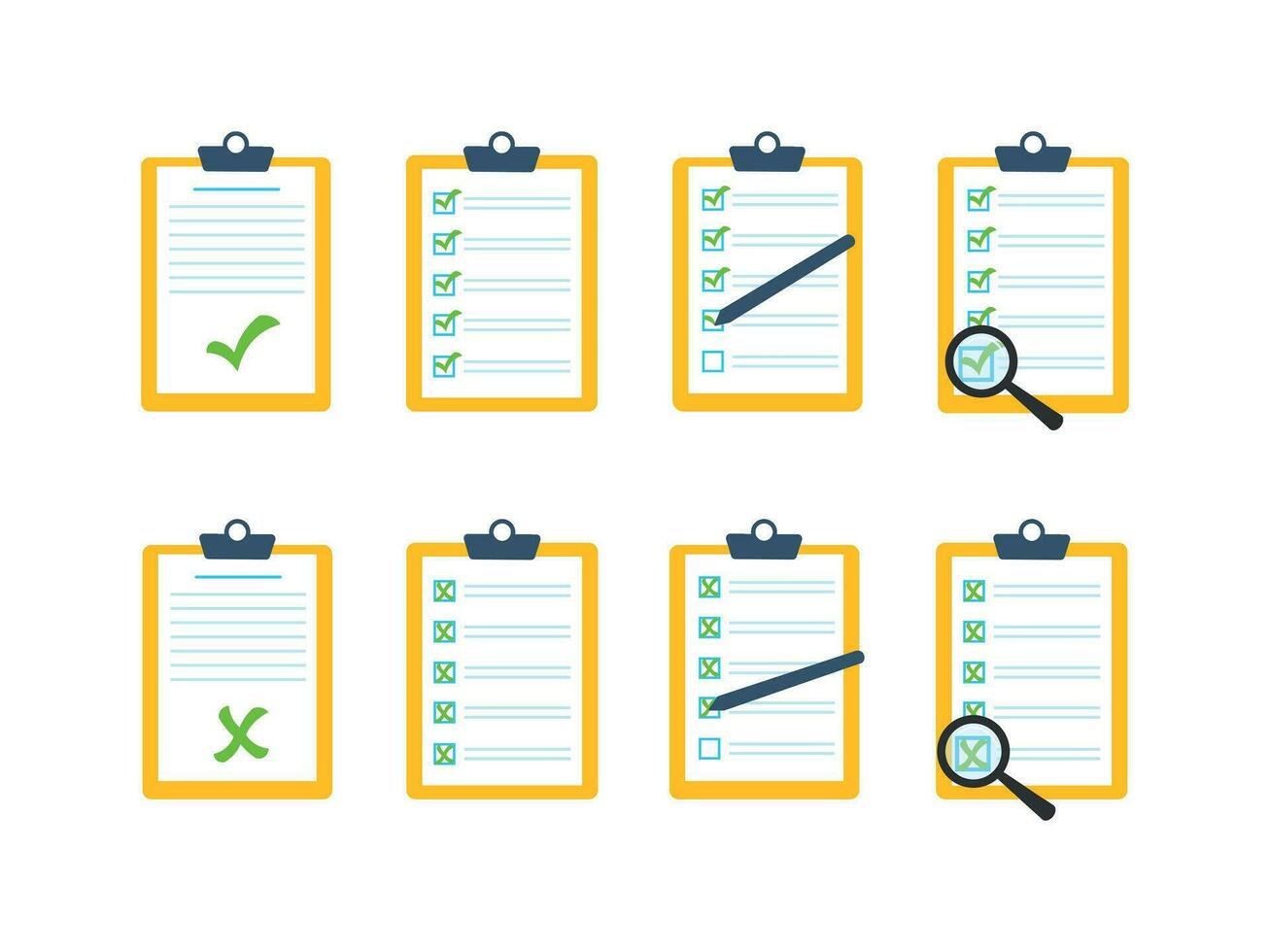 Set of document icons marked with a green check mark and a cross vector
