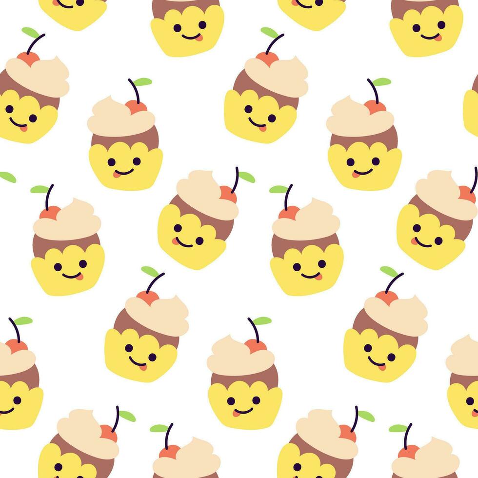 A pattern of cupcakes with a smile on a white background. Morning vibe with cream and cherry cupcakes. Seamless background with cartoon fun pastries. Printing on textiles and paper vector