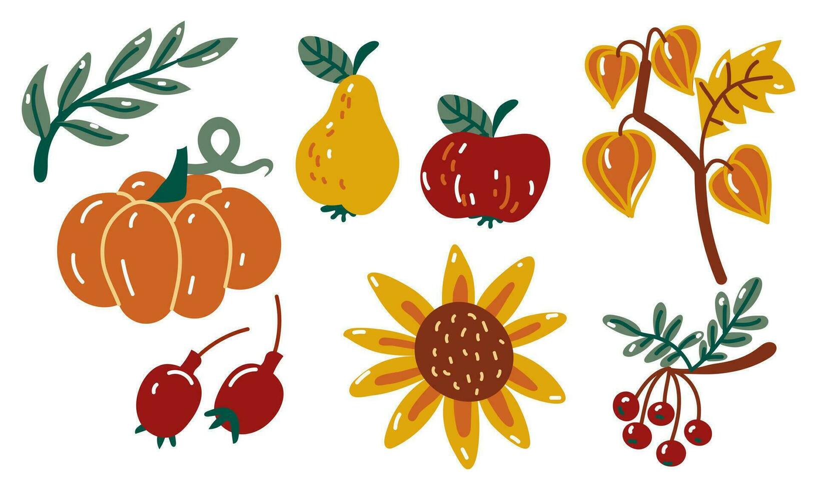 A set of autumn harvest items in a cute cartoon style. Pumpkin, apple, pear, rosehip, rowan, sunflower on a white background. Collection of elements of the autumn harvest. vector