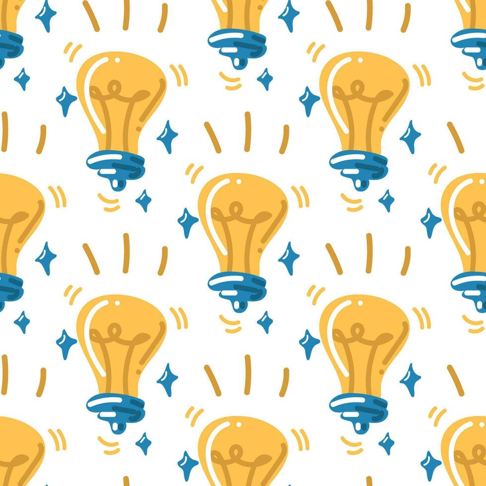 Seamless light bulb pattern as cartoon style ideas on white background. Vector illustration for the school. Back to school. Cute, bright texture for printing in the idea theme