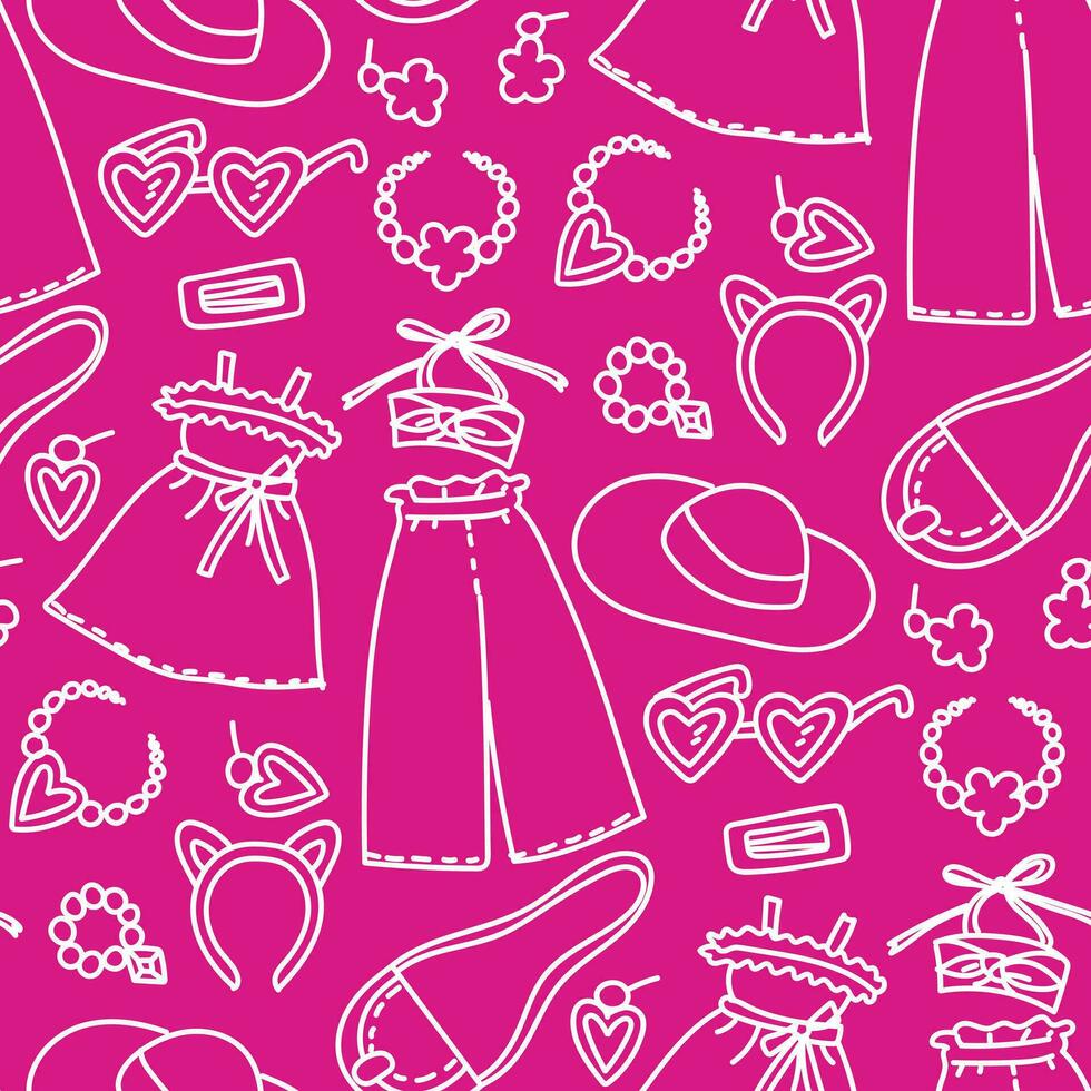 A contour-style pattern in the theme of Barbie outfits on a pink background. Outfits, hat, glasses, bag and other details of jewelry for a girl. Printing on textiles and paper. Packaging vector