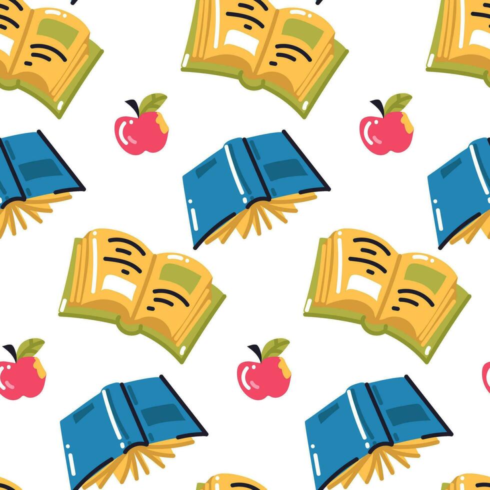 Vector seamless pattern of the concept of school education. Books and apples. Back to school. The texture of learning in cartoon style. It can be used as wrapping paper, fabric with textile prints