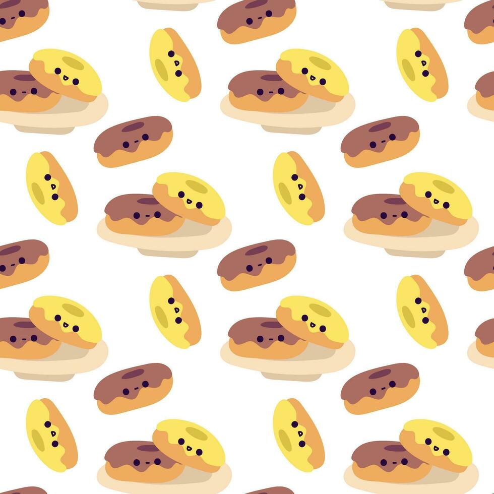 un modelo de rosquillas con un sonrisa en un blanco antecedentes. Mañana estado animico con rosquillas en un lámina. dulzura para té. sin costura antecedentes con dibujos animados gracioso pasteles impresión en textiles y papel vector