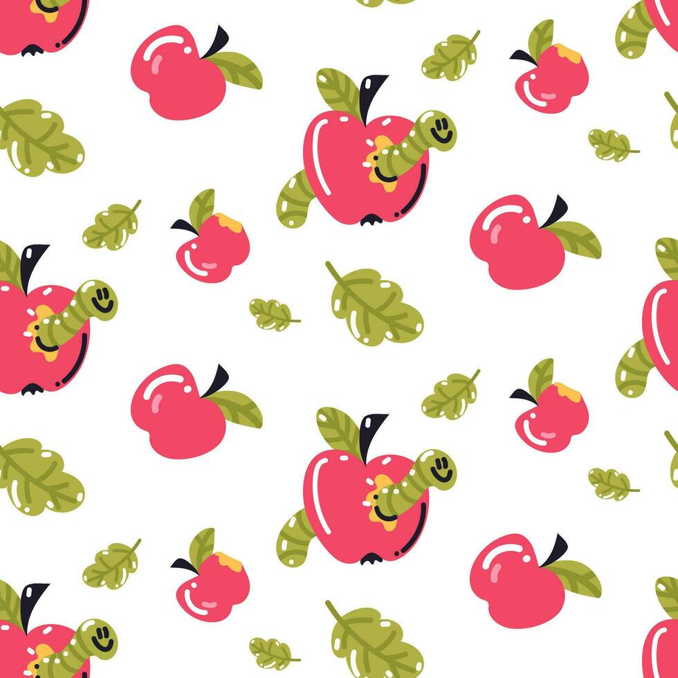 Seamless pattern with apples and worms in an apple and autumn leaves on a white background. Natural fruit design for autumn. The theme of the school is to gnaw the granite of science. Cartoon texture vector