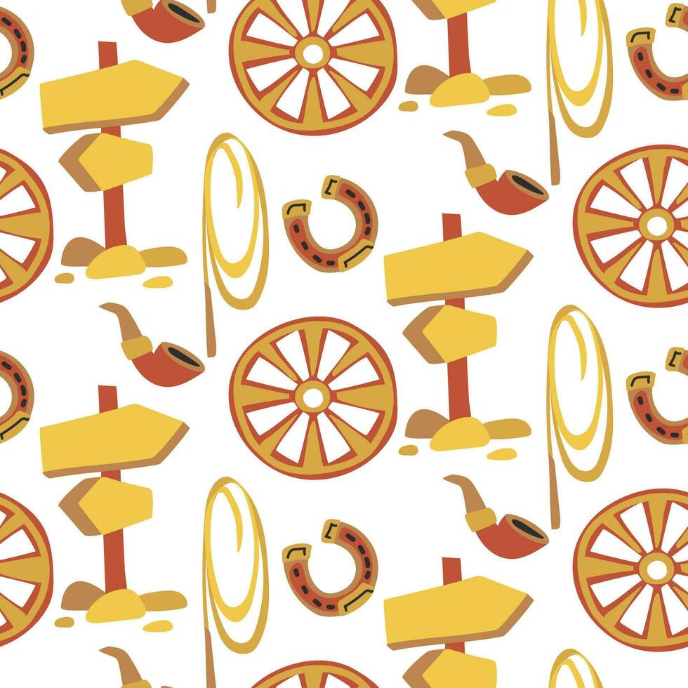 Cowboy seamless pattern with wheel, horseshoe, lasso, tube, direction, desert. Vector flat graphics. Western packaging in shades of the desert. Printing on textiles and paper