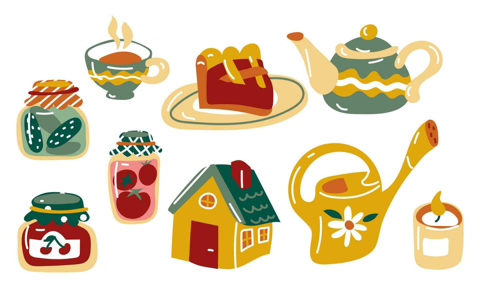 A set of cozy, homely, autumn things. Herbal tea, cherry pie, watering can, jam, house, kettle, candle. The idea of coziness and a comfortable lifestyle, autumn mood. Vector cartoon of Hugge