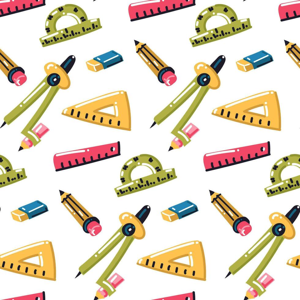 A pattern with cartoon school supplies for mathematics and geometry. We're going back to school. Eraser, compass, sharpener, pencil, ruler and other accessories on a white background. Science math vector