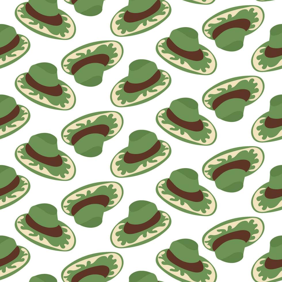 Seamless pattern in the form of a cartoon green cowboy hat on a white. A hat for a party. The fashionable style of the Wild West. Cowboy western, the concept of the wild West. Hand-drawn color flat vector