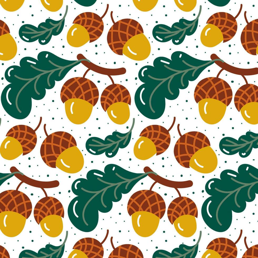 A pattern of autumn cartoon acorns and foliage. Forest motif in retro. The season of the forest oak. October and September plants. November nature. Botanical elements. Vector seamless background