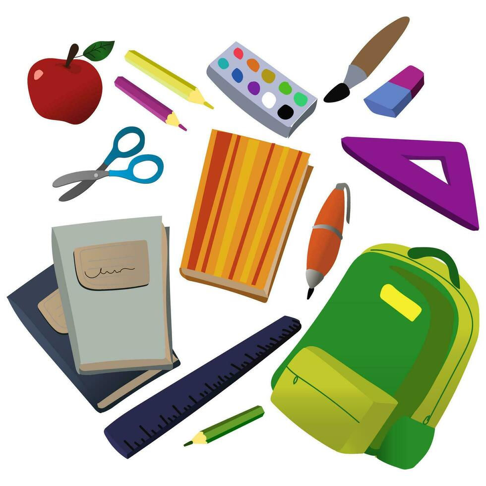 un conjunto de educativo colegio suministros mochila, lápices, cepillos, pinturas, gobernante, pegatinas, tijeras, libros. sencillo papelería para niños. espalda a escuela. plano ilustración vector