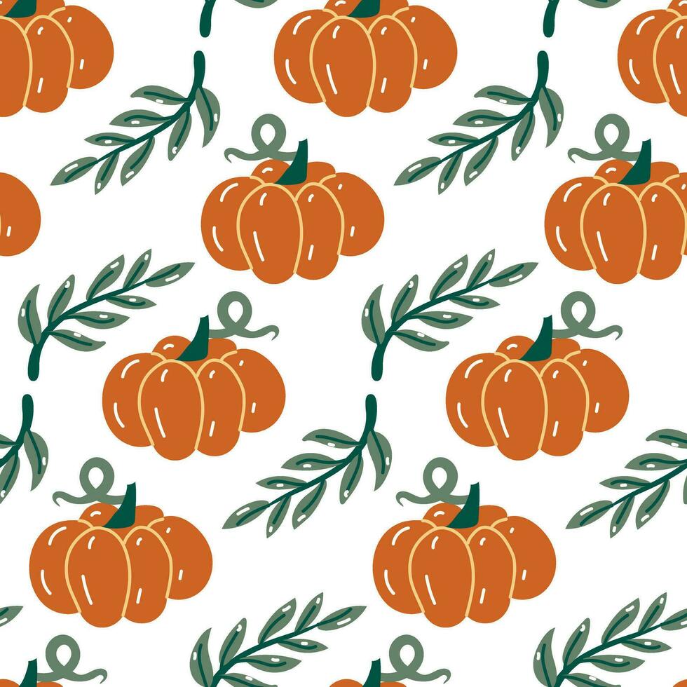 Seamless pattern of orange cartoon pumpkins with a green branch in retro style on a white background. Flat style. Vector illustration. Cute simple autumn packaging