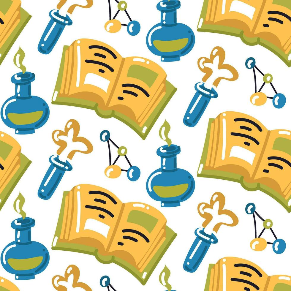 A pattern with cartoon school supplies in the science of chemistry. We're going back to school. Textbook, test tubes, molecules. School topics. Printing on textiles and paper packaging vector