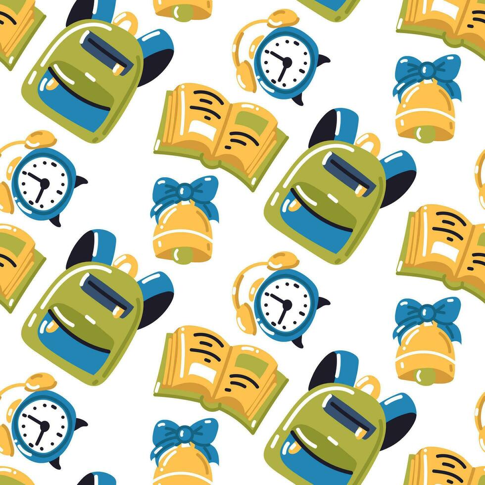 A pattern with cartoon school supplies and creative elements. We're going back to school. Briefcase, book, alarm clock, bell, . School topics. Printing on textiles and paper. packaging vector