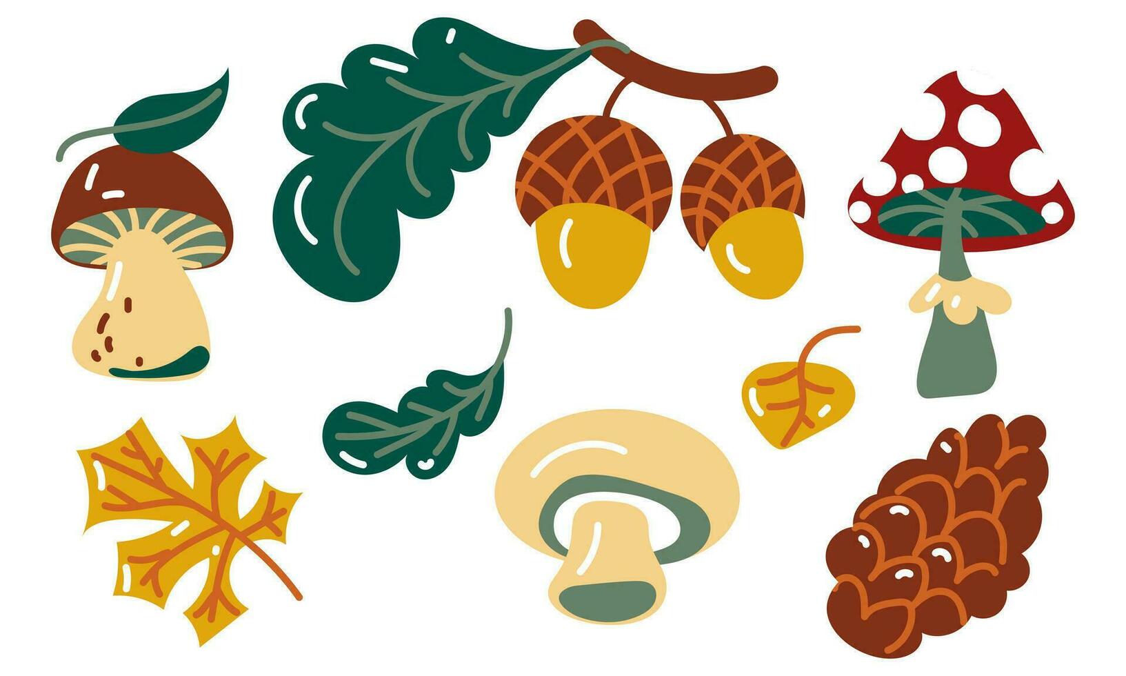 A set of elements embodying autumn in the forest. Pine cone, acorn, fly agaric, champignon, aspen, autumn foliage are isolated on a white background. Collection of autumn forest elements vector