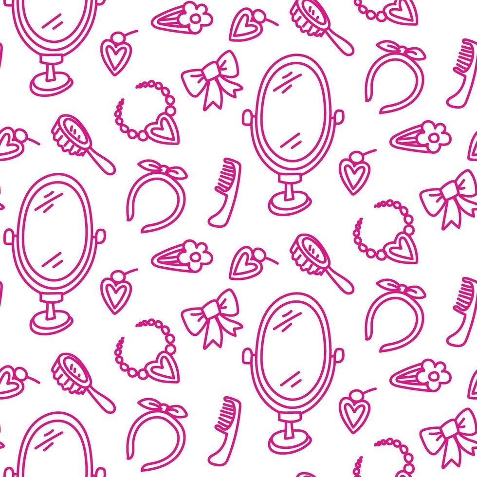 A pattern in a contoured style in the theme of barbie decoration on a white background. Mirror, comb, hoop, bow and other details of jewelry for a girl. Printing on the package vector