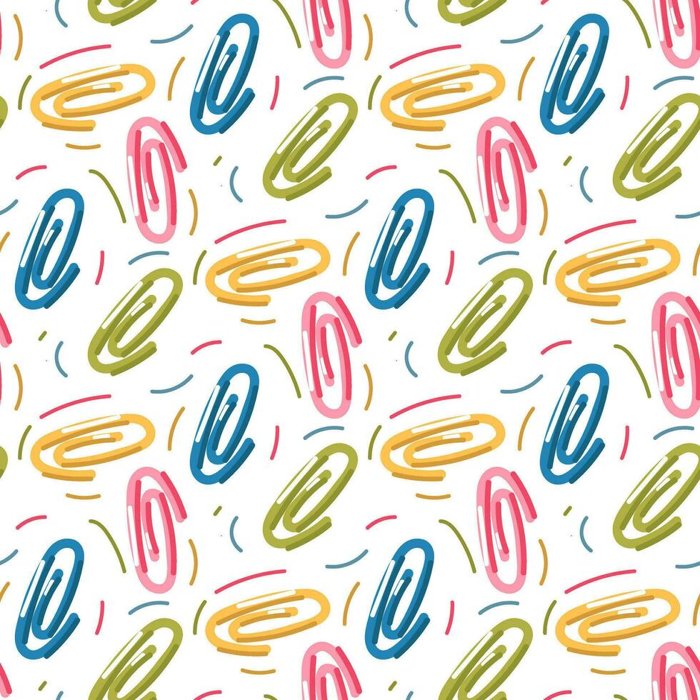 Seamless repeating cartoon pattern for school or office with colored paper clips on a white background. The theme of the school, the desktop. Printing for packaging. Textiles and paper vector