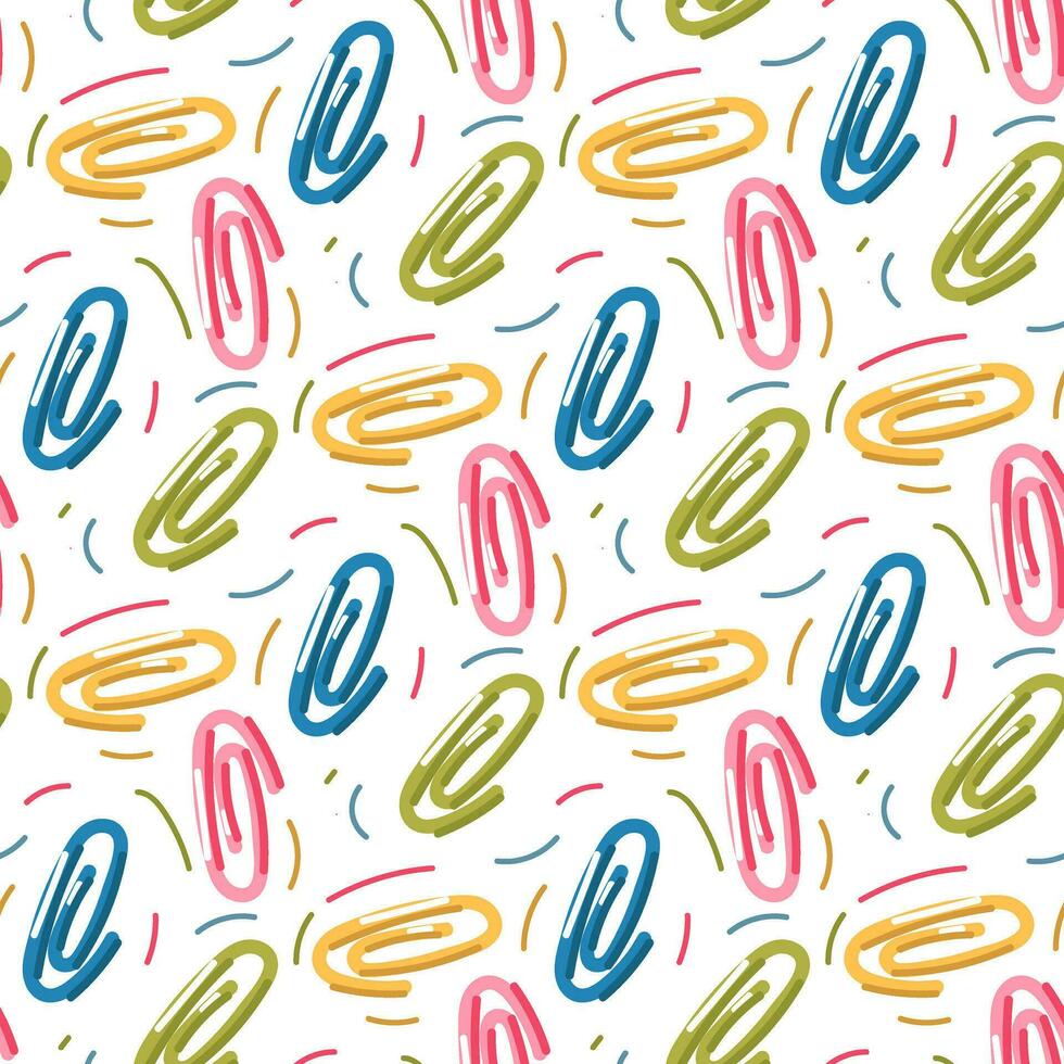 Seamless repeating cartoon pattern for school or office with colored paper clips on a white background. The theme of the school, the desktop. Printing for packaging. Textiles and paper vector