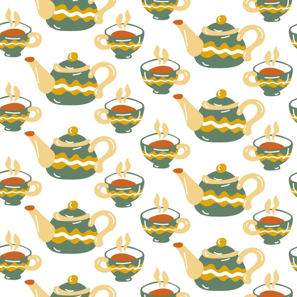 Pattern with cups and teapots. Cozy home autumn seamless background. Design of kitchen textiles, invitation cards, packaging. Cute, warm autumn vector illustration. Delicate shades