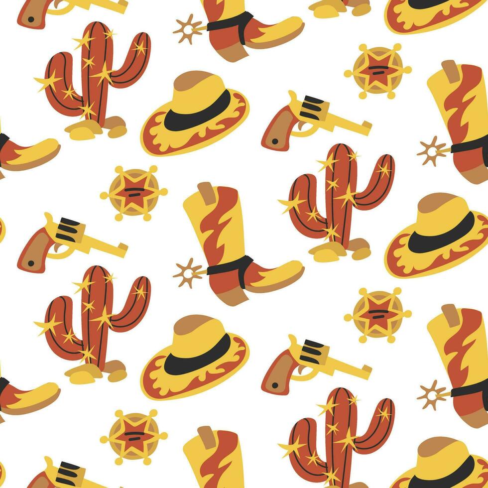 Cowboy seamless pattern with boots, hats, revolvers, sheriff badge and cacti. Vector flat graphics. Western packaging shades of red and yellow. Printing on textiles and paper