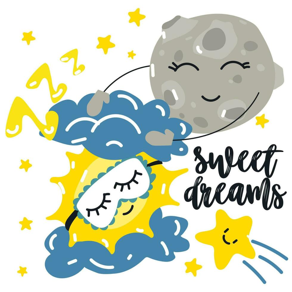 A postcard with the inscription sweet dreams and cartoon sun and moon, puts you to sleep in the clouds and against the background of the starry sky. Vector for design, banners, children's books