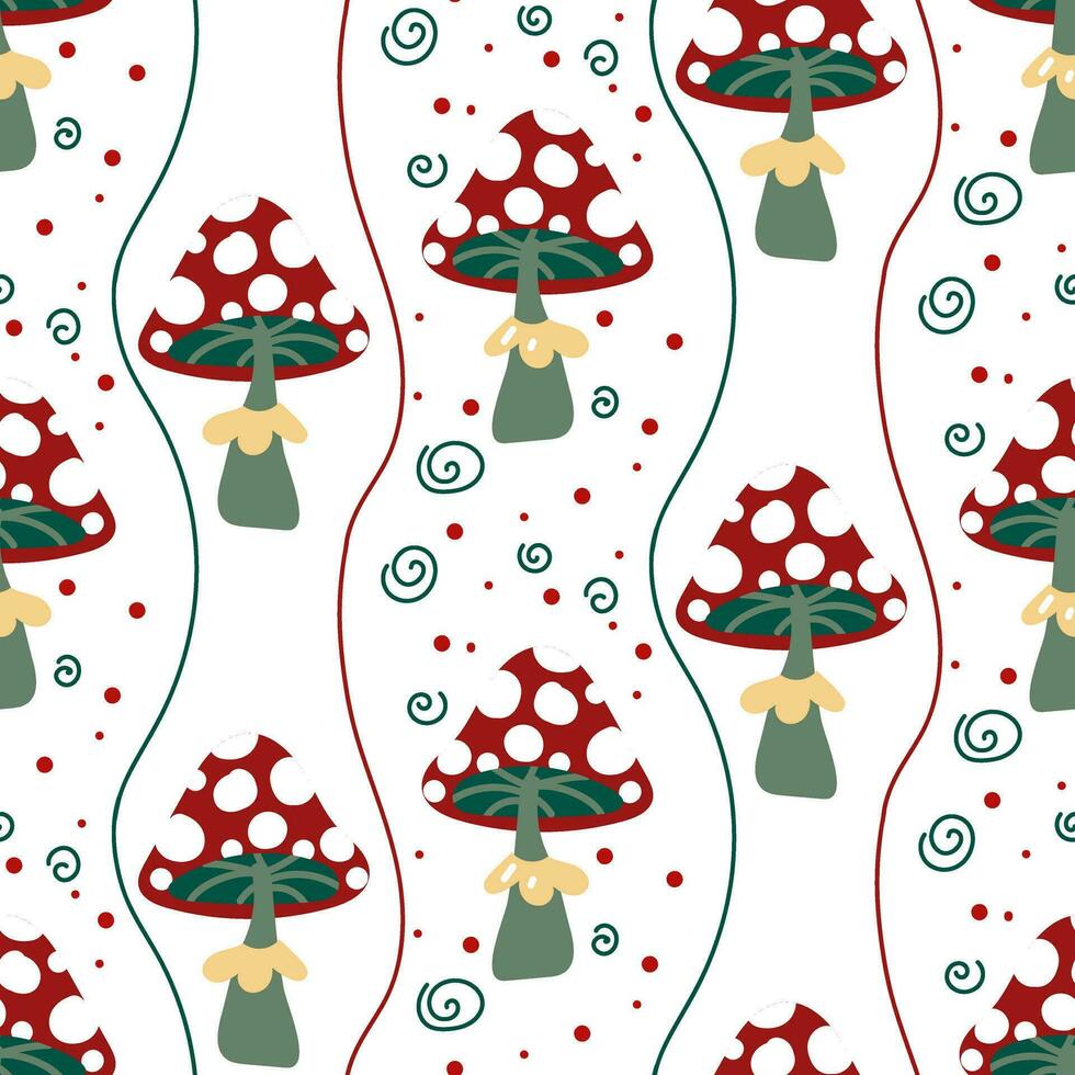 Seamless pattern with cartoon mushrooms with retro foliage. Mushroom background. Vector printing on fabric and wallpaper. Cute mushrooms on a white background. Fly Agarics, Amanita in abstraction