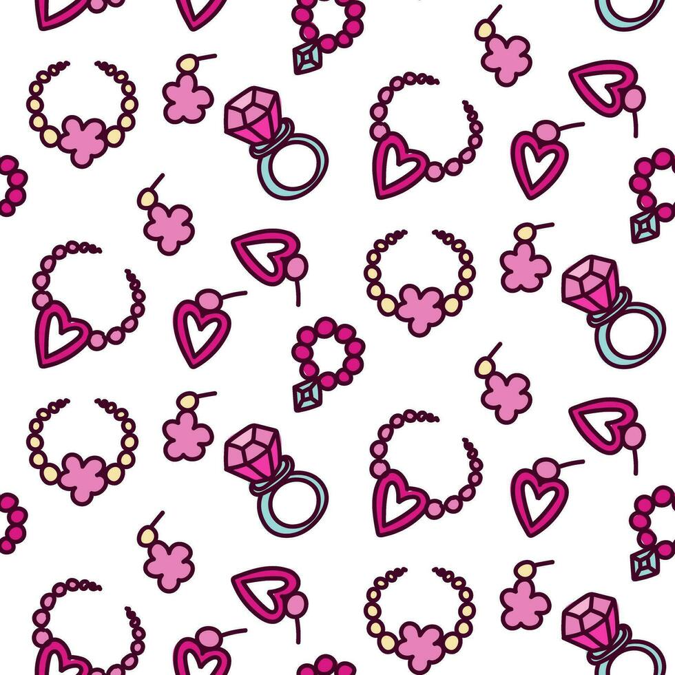 Barbie pattern with decorative ornaments. Jewelry in pink. Barbie style. Ring, earrings, beads, bracelet. Packaging for a girl for any holiday vector
