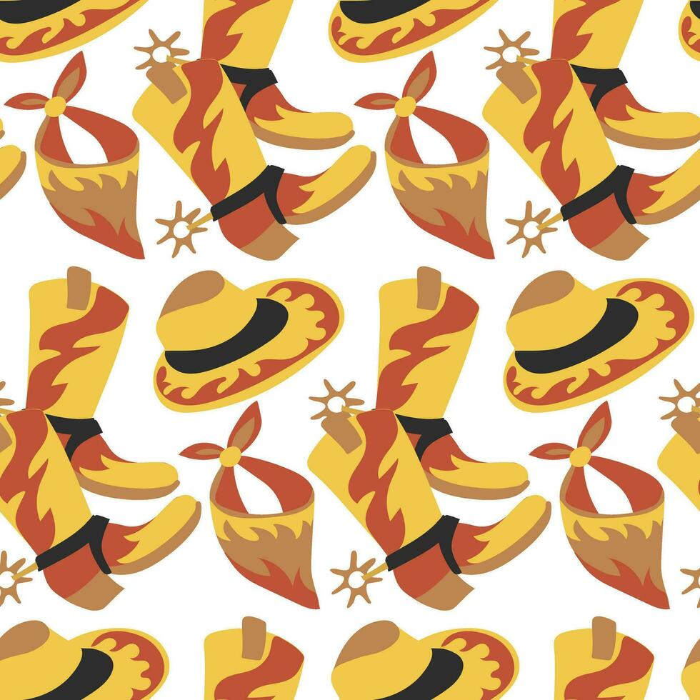 Seamless pattern with cowboy boots, hats, headband. Sheriff, thief, hunter, cowboy. The theme of the western. Cowboy objects on a white background. Vector graphics. Printing on textiles and paper.