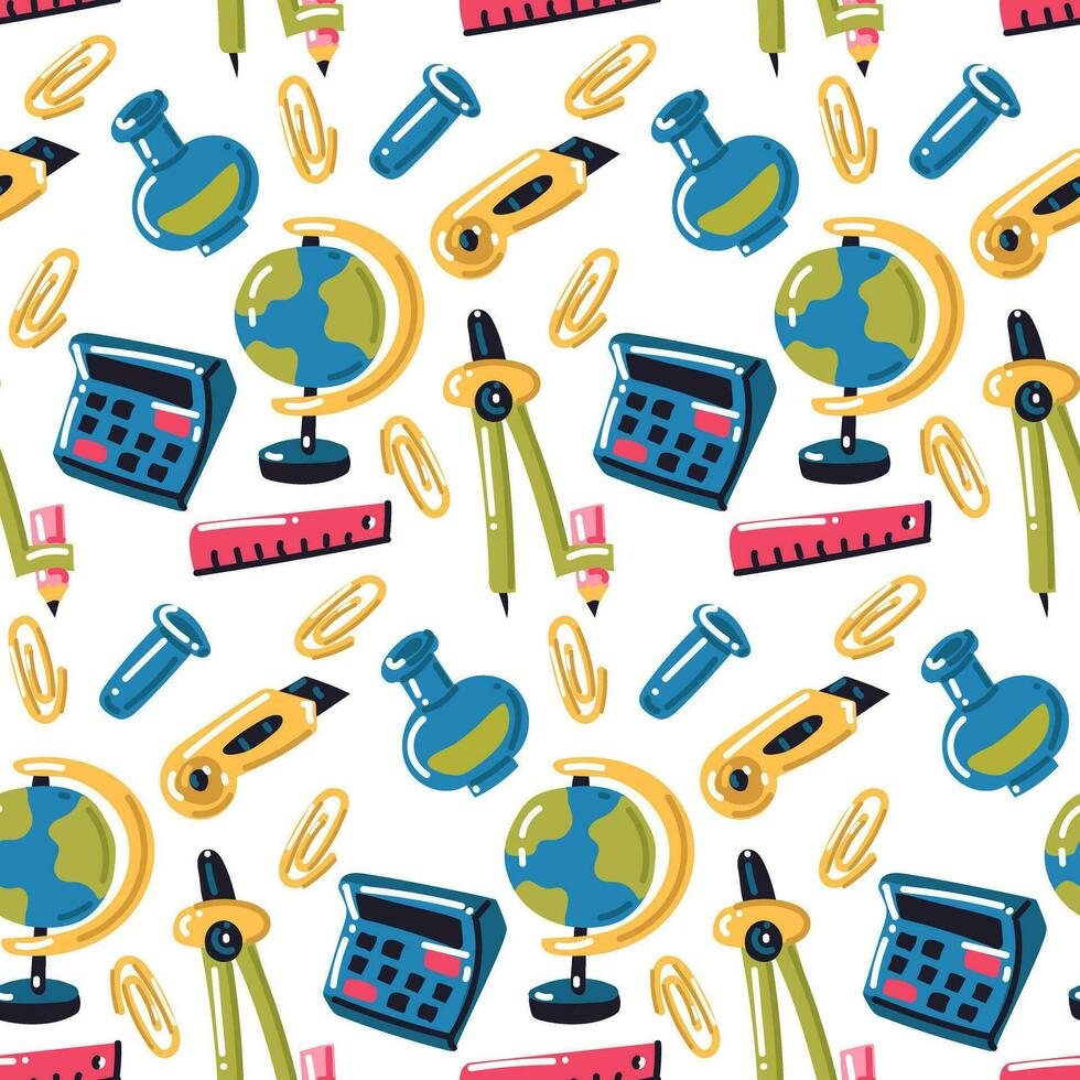 Funny seamless pattern with school math supplies. We're going back to school. Calculator, globe, pencil, ruler, test tubes and other accessories are white School packaging, natural science mathematics vector