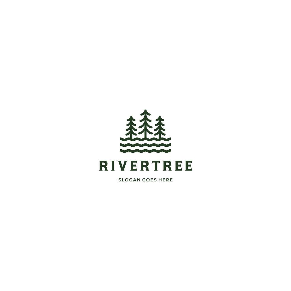 pine evergreen, river tree logo design line art vintage style on isolated background vector
