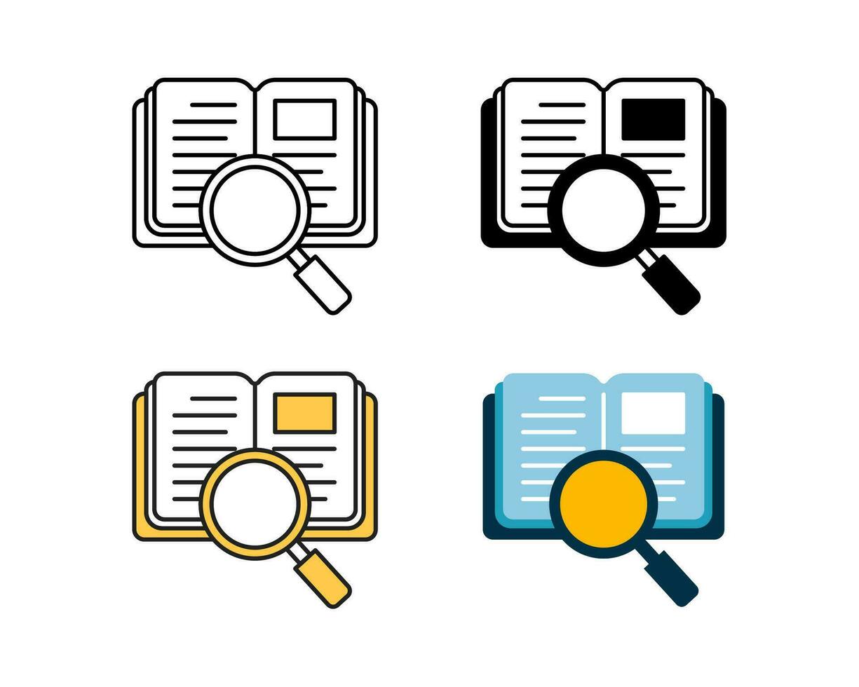 book and magnifying glass icon vector design in 4 style line, glyph, duotone, and flat.