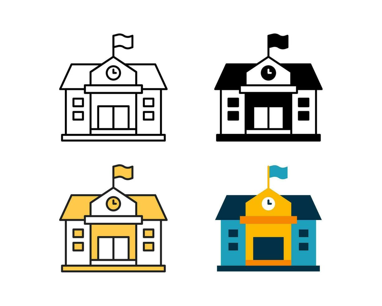 school building icon vector design in 4 style line, glyph, duotone, and flat.