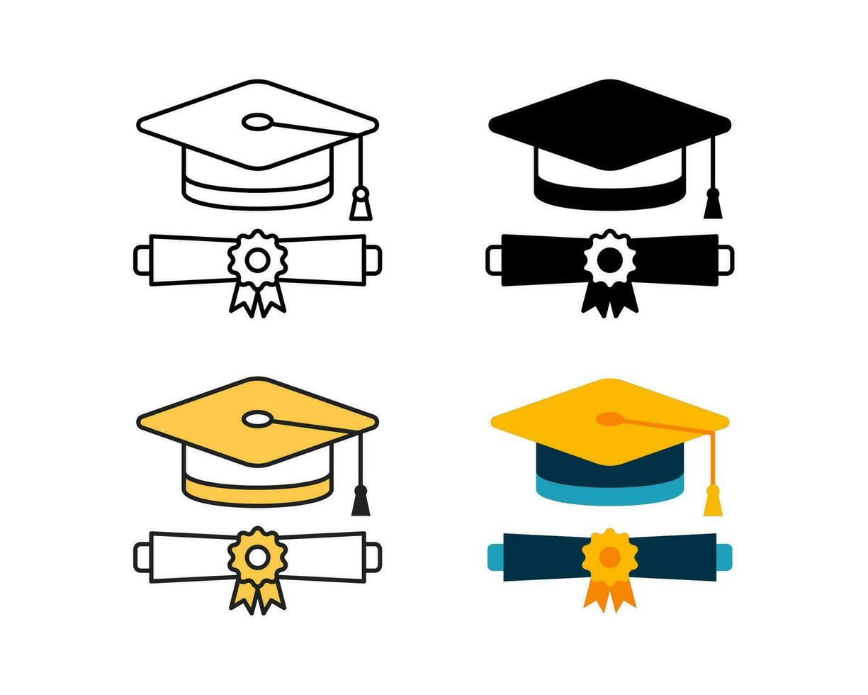 Graduation Hat And Diploma icon vector design in 4 style line, glyph, duotone, and flat.