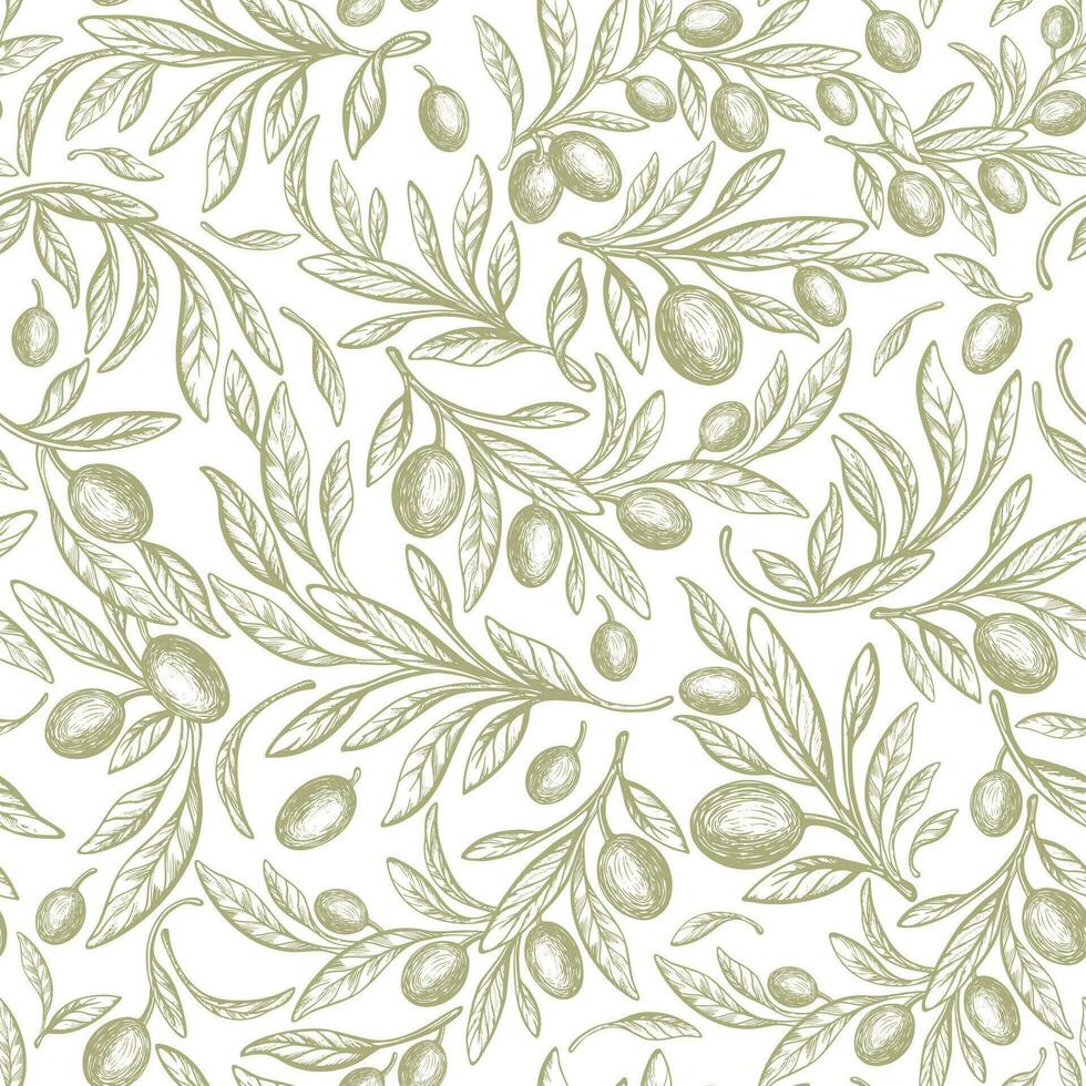 Olive drawn seamless pattern Vector texture branch