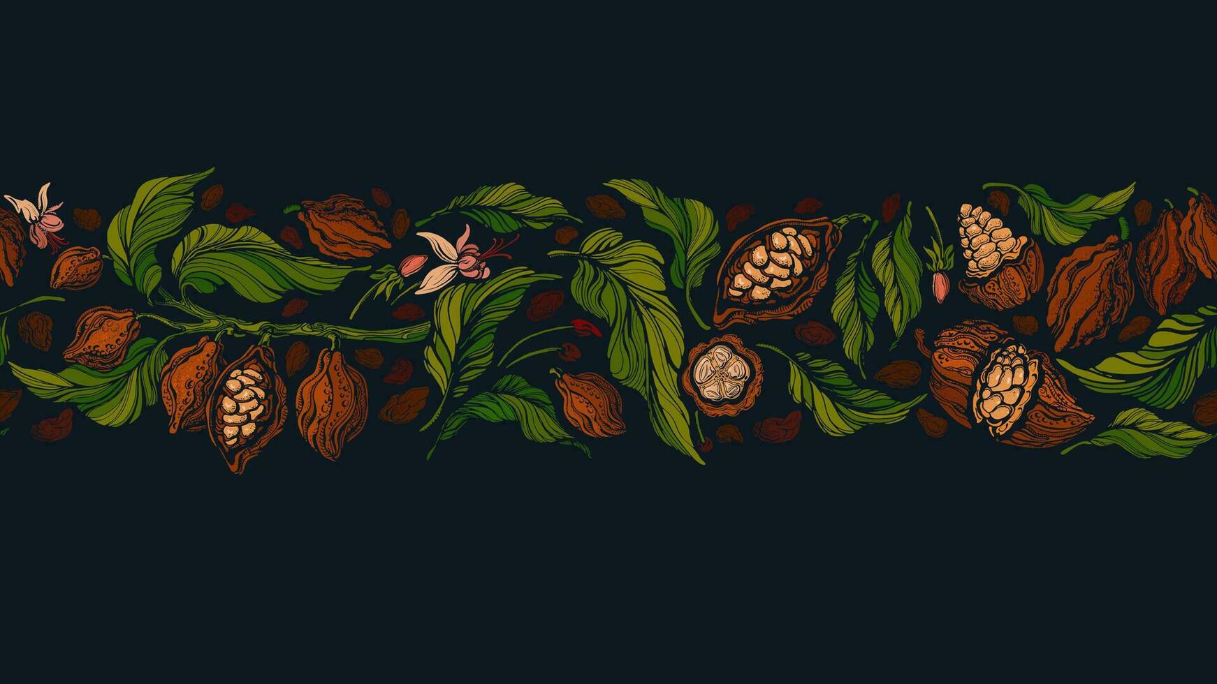 Cocoa border. Dark chocolate. Vector graphic beans