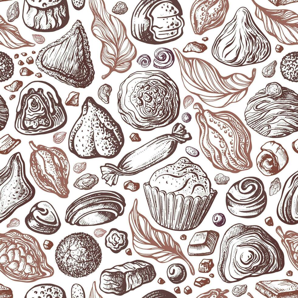 Chocolate truffles with cocoa branch. Vector print
