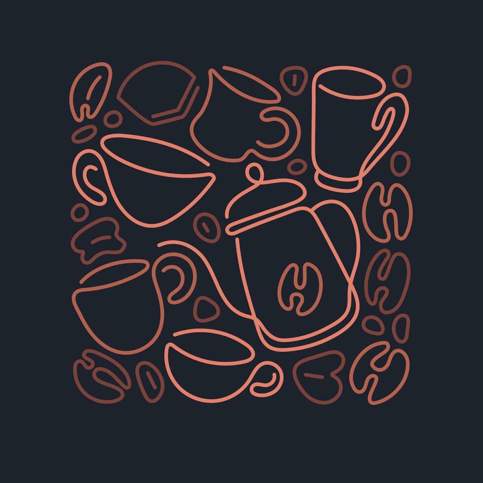 Coffee linear pattern. Abstract cups, pot, grains vector