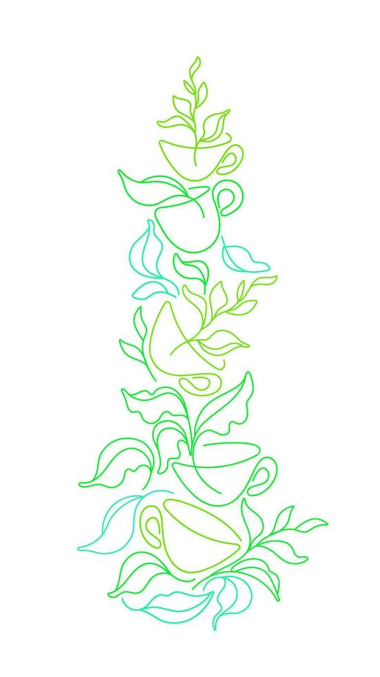 Tea line art pattern. Vector green leaves and cups