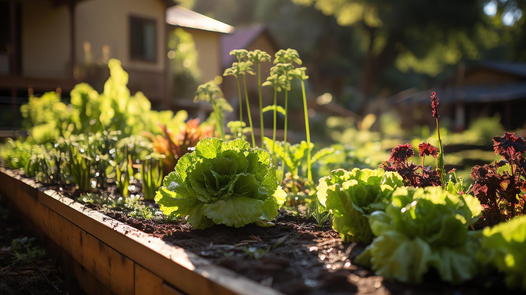 Wooden house in village with plants and flowers in backyard garden. Garden and flower on rural house concept by photo