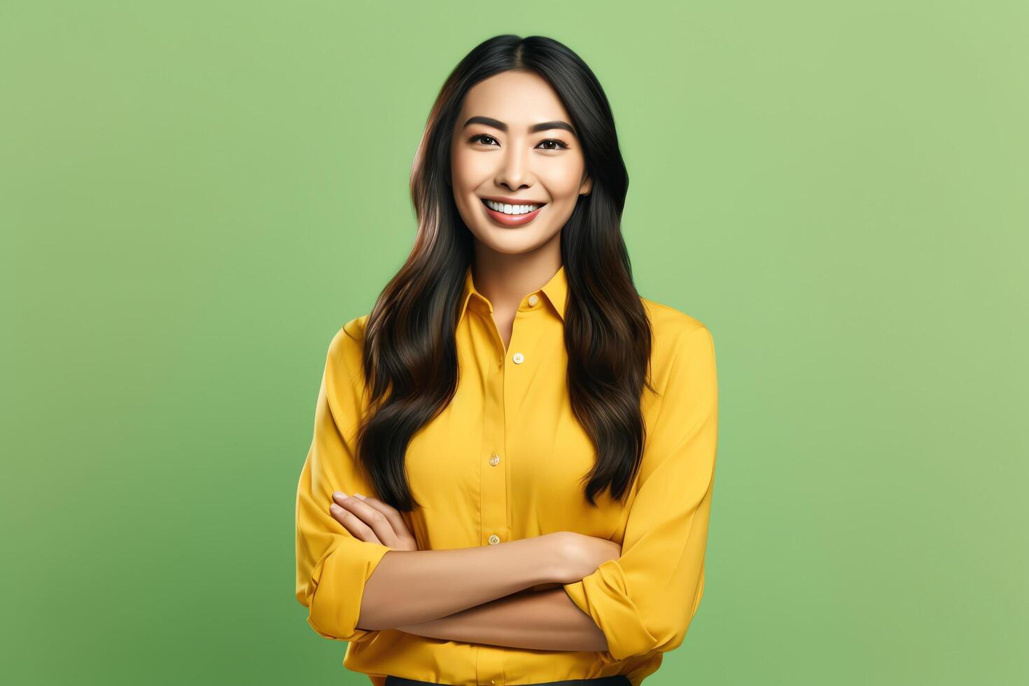 Beautiful asian woman in casual with smile cheerful. Studio shot asian woman standing hand gesture concept by AI Generated photo