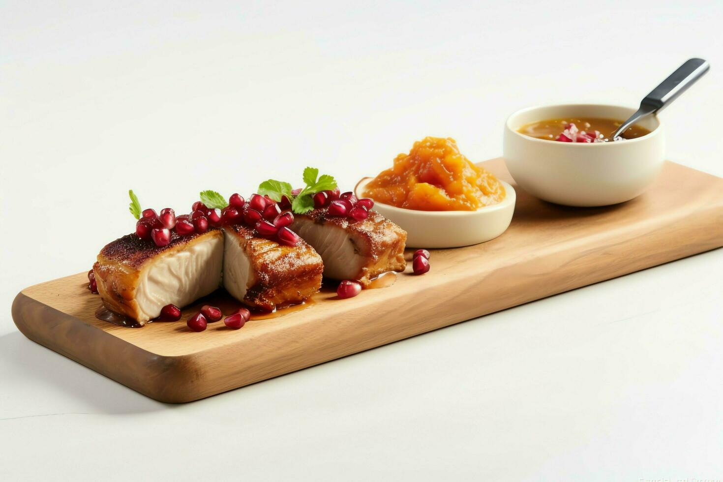 Pork belly braaivleis with mango and chili sauce served on a wooden plank. Restaurant food concept by AI Generated photo