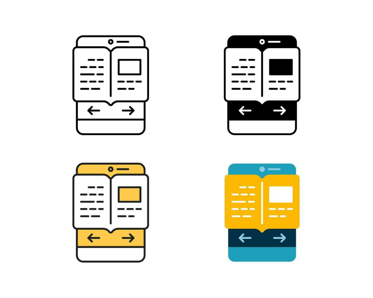 e-book icon on mobile phone vector design in 4 style line, glyph, duotone, and flat.