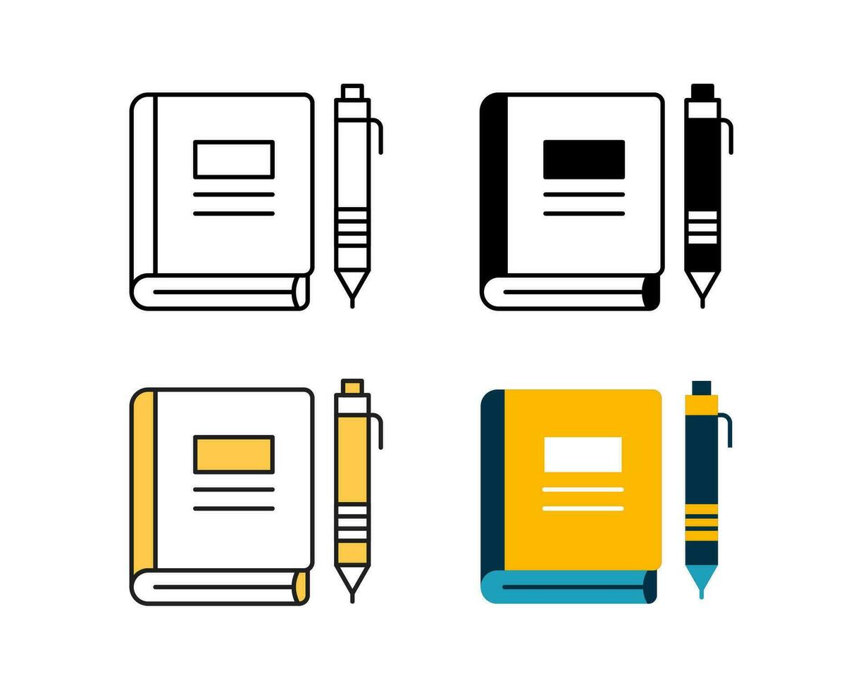 book note and pen icon vector design in 4 style line, glyph, duotone, and flat.