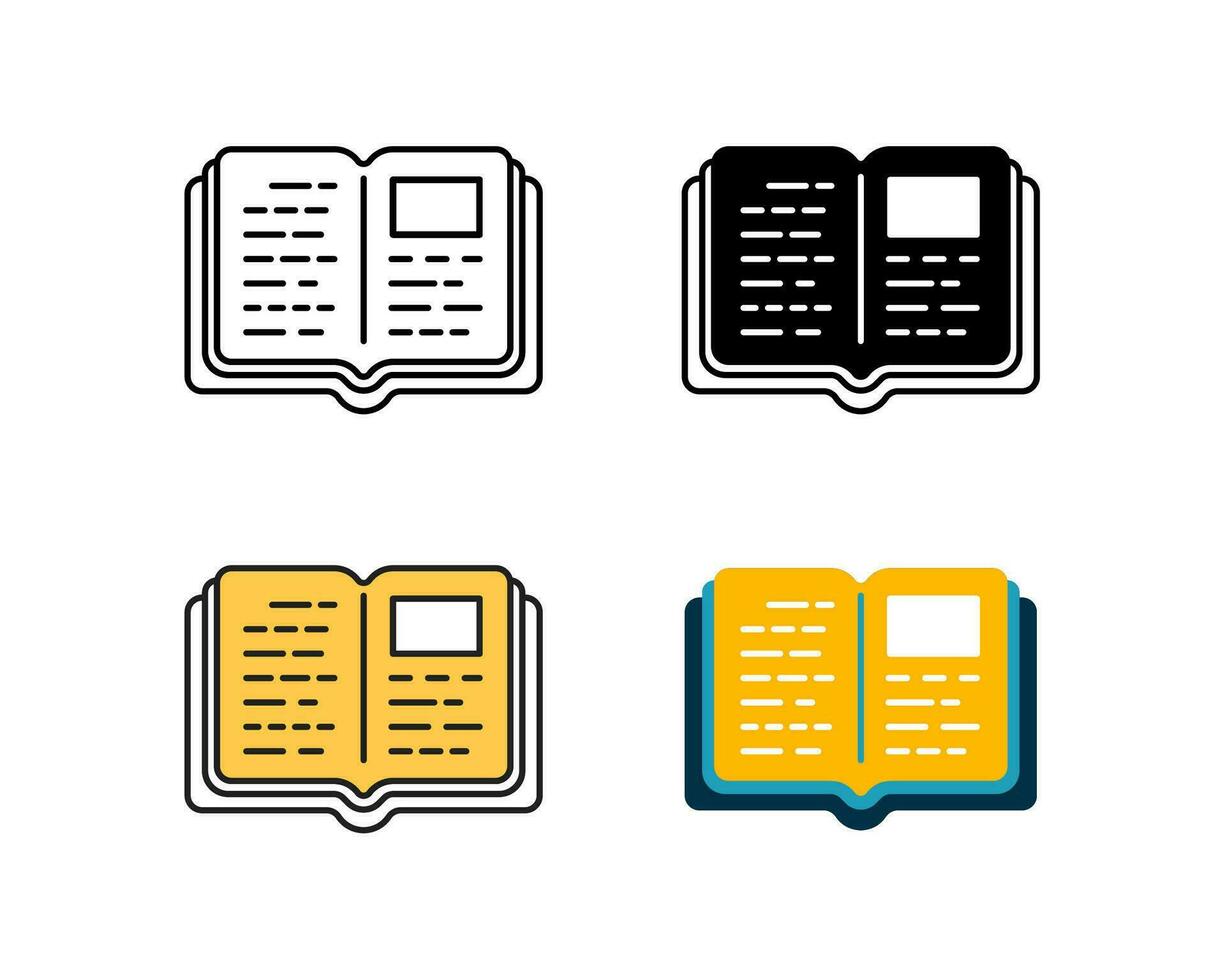 open book icon vector design in 4 style line, glyph, duotone, and flat.