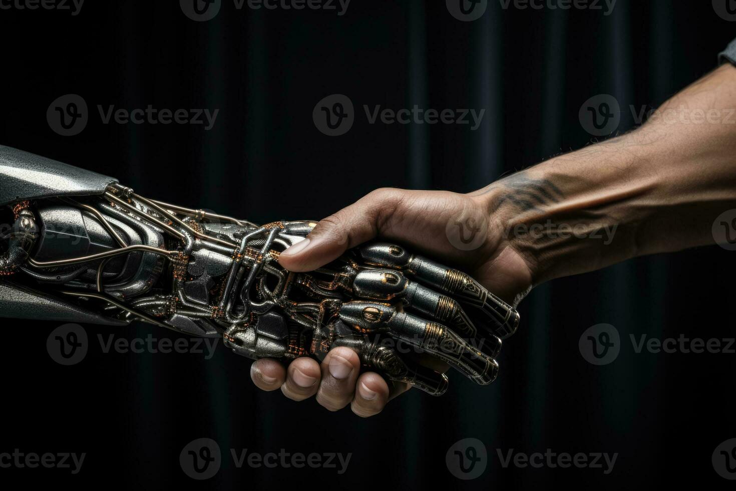 A close-up of a robotic hand interacting with a human hand the concept of artificial general intelligence photo