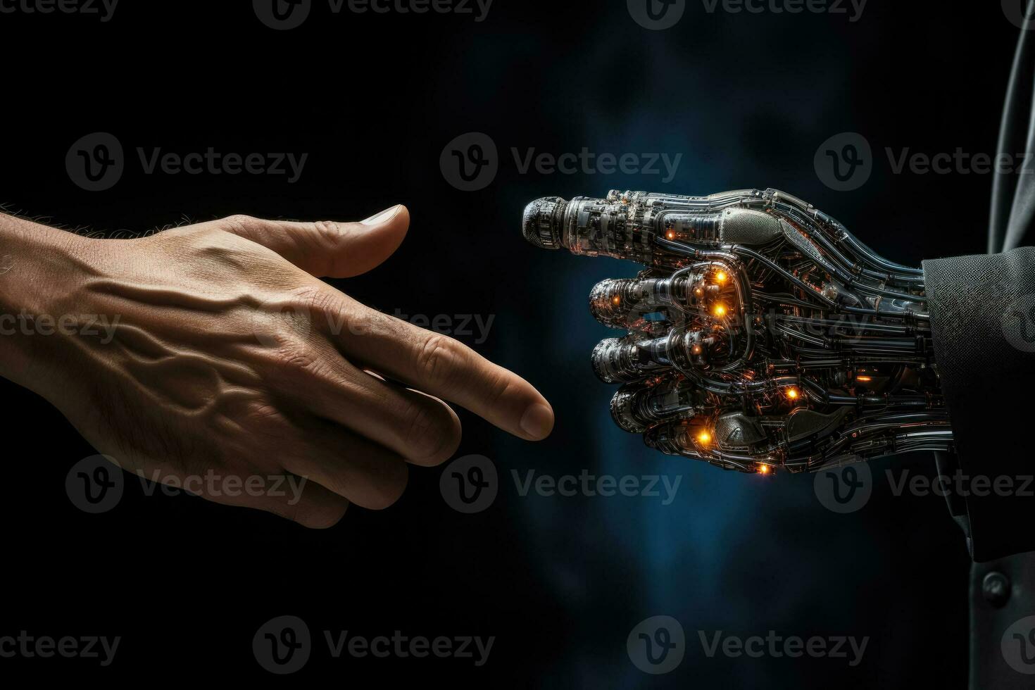 A close-up of a robotic hand interacting with a human hand the concept of artificial general intelligence photo
