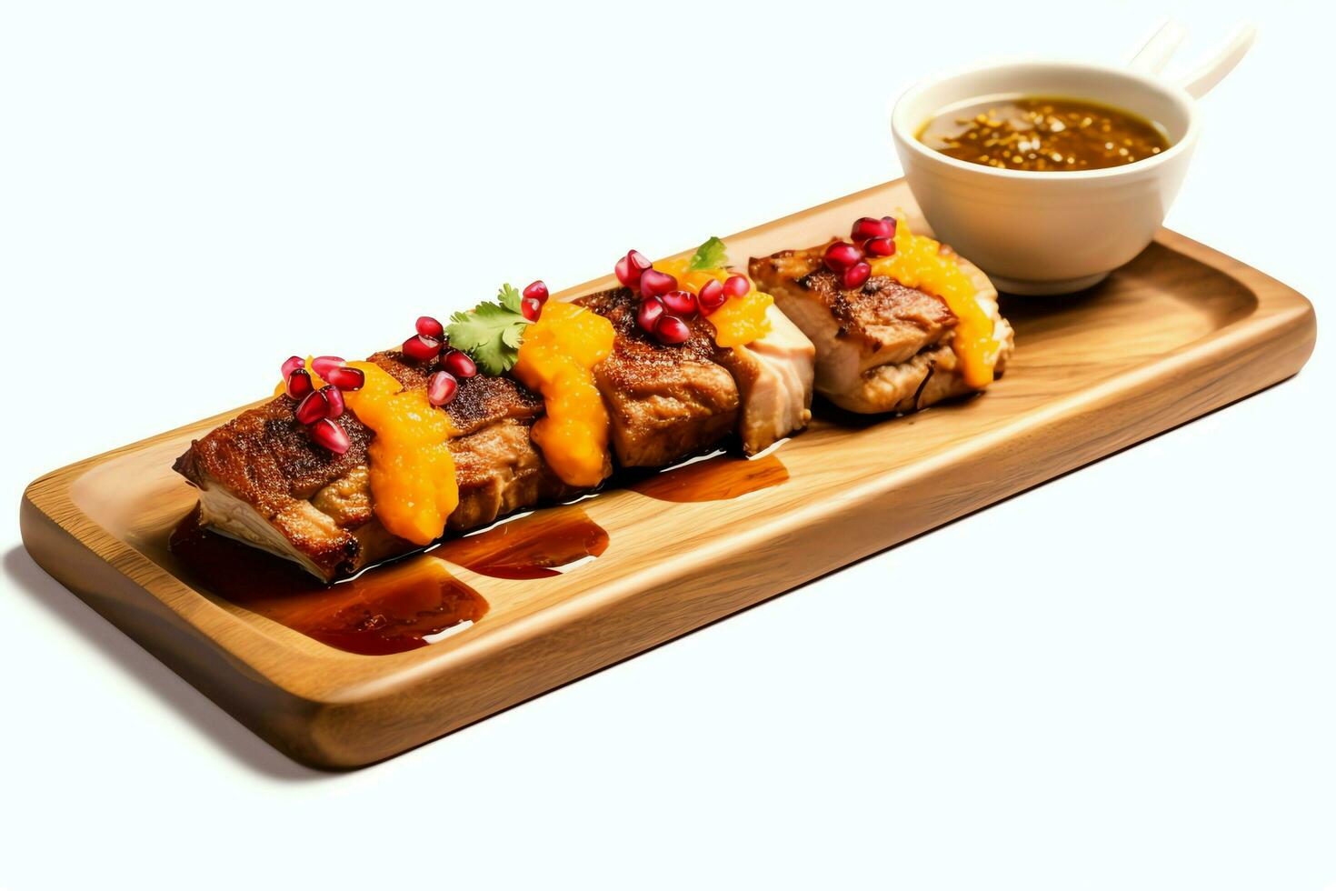 Pork belly braaivleis with mango and chili sauce served on a wooden plank. Restaurant food concept by AI Generated photo